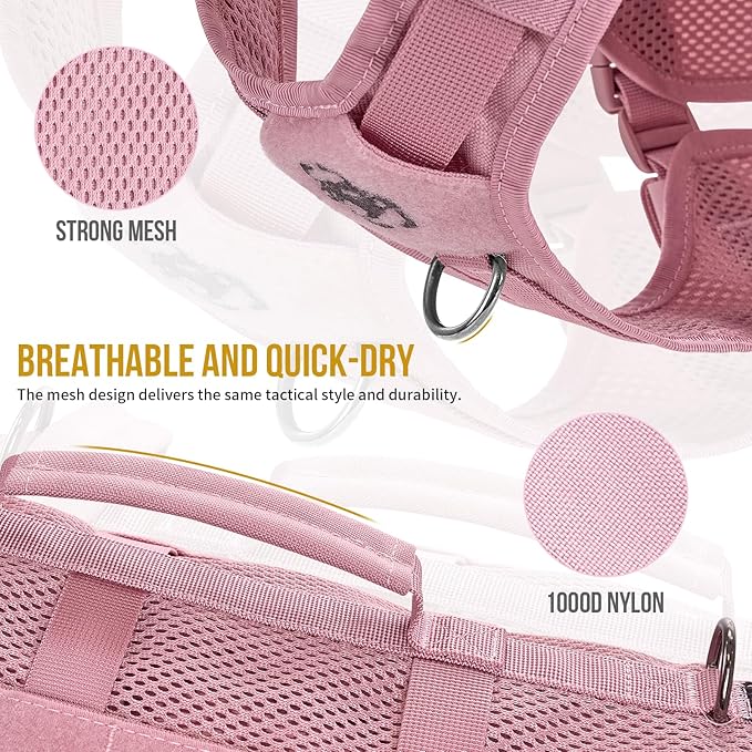 OneTigris Tactical Dog Harness for Small Dog, No Pull Small Dog Vest Harness with Handles Breathable Military Molle Vests for Walking Hiking Training (Pink, Large)