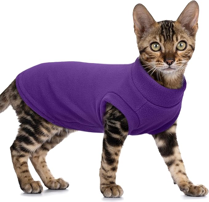 PUMYPOREITY Fleece Sphynx Cat Clothes, Warm Thick Cat Sweater, Soft Winter Coat for Hairless Cats, Cold Weather Pet Sweater for Dogs and Cats, Purple, L