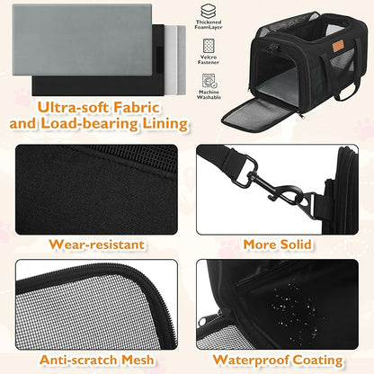 PETUX TSA Approved Pet Carrier in Cabin, 17"x11"x9.5" Soft Cat Carriers for Small Cat up to 12 lb, Top-Open Portable and Breathable Pet Carrier Airline Approved for Travel and Vet Visit, Black
