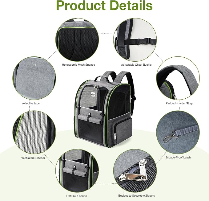 Lekebobor Large Cat Backpack Carrier Expandable Pet Carrier Backpack for Small Dogs Medium Cats Fit Up to 18 Lbs,Dogs Foldable Puppy Backpack Carrier for Travel, Hiking,Grey with Green Edge, XL
