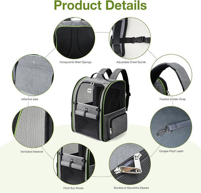 Lekebobor Large Cat Backpack Carrier Expandable Pet Carrier Backpack for Small Dogs Medium Cats Fit Up to 18 Lbs,Dogs Foldable Puppy Backpack Carrier for Travel, Hiking,Grey with Green Edge, XL