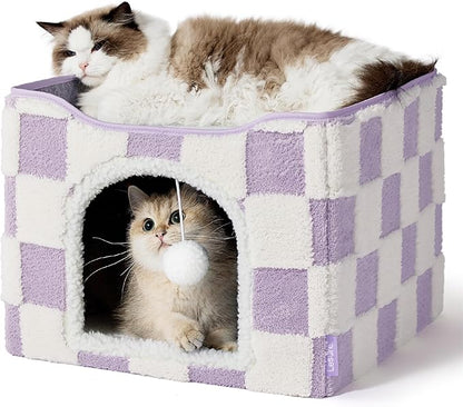 Lesure Indoor Cat Beds Kitten House - Large Cat Cave for Pet Cube with Fluffy Ball Hanging, Foldable Small Animal Hideaway, 16.5x16.5x13 inches, Lavender Checks