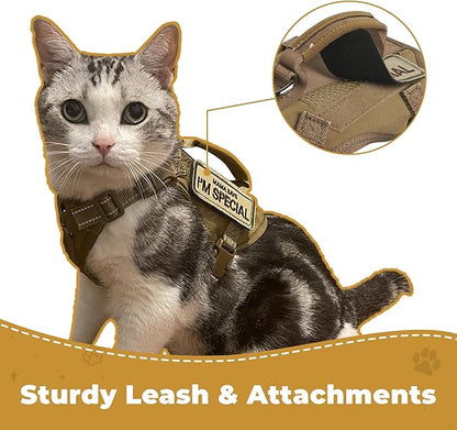 Tactical Cat Harness Adjustable Soft Padded Training Walking Esacpe Cat Vest Harness No-Pull Pet Harness Reflective with Easy Control Handle (Khaki, XL)