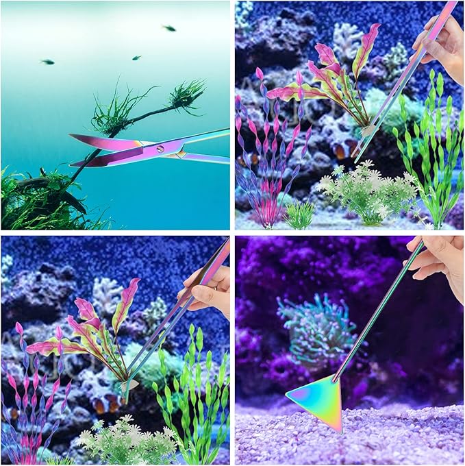 Aquarium Aquascape Tools Kit 15 in, 4in1 Anti-Rust Aquatic Plant Aquascaping Tool Stainless Steel Silver Tweezer Scissors Spatula for Aquarium Tank Clean (15in, Colorful)