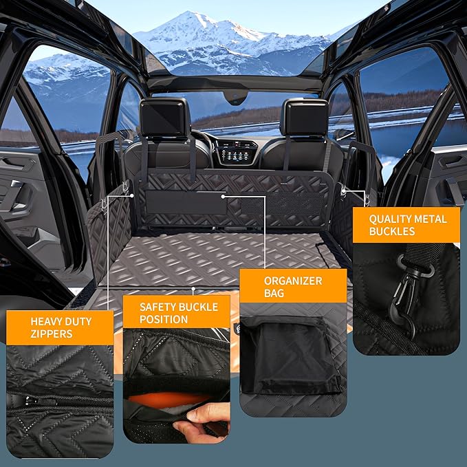 Dog Back Seat Extender & Car Seat Cover - Upgraded PU Leather, Hard Bottom Holds 400lbs, Waterproof Anti-Scratch Dog Hammock for Cars, SUVs, Trucks Easy to Clean + Pets Safety Belt (BLACK-XL)