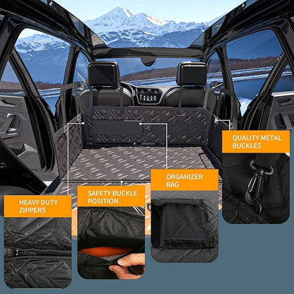 Dog Back Seat Extender & Car Seat Cover - Upgraded PU Leather, Hard Bottom Holds 400lbs, Waterproof Anti-Scratch Dog Hammock for Cars, SUVs, Trucks Easy to Clean + Pets Safety Belt (Black-L)