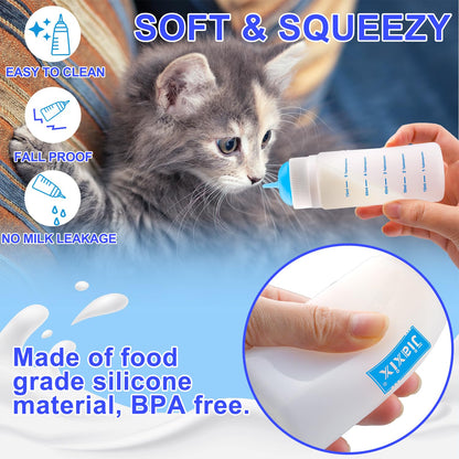3 Pack Kitten Silicone Bottle Feeding Kit,Nipple & Feeding Kit for Kittens, Reusable Newborn Kitten Supplies, Suitable for Feeding Kitten, Puppy, Rabbit,Hamster (Blue, Medium)