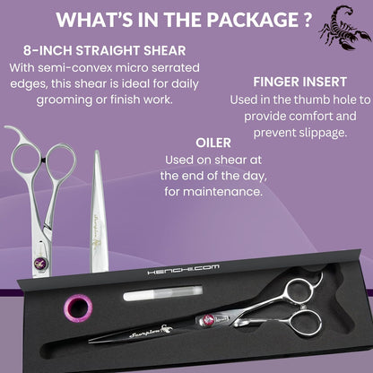 Kenchii Scorpion 8 Inch, Straight Grooming Scissors for Dogs and Pets - Premium Steel Scissors for Dog Grooming - Dog Shears Pet Grooming Accessories - Pet Hair Trimming Scissor