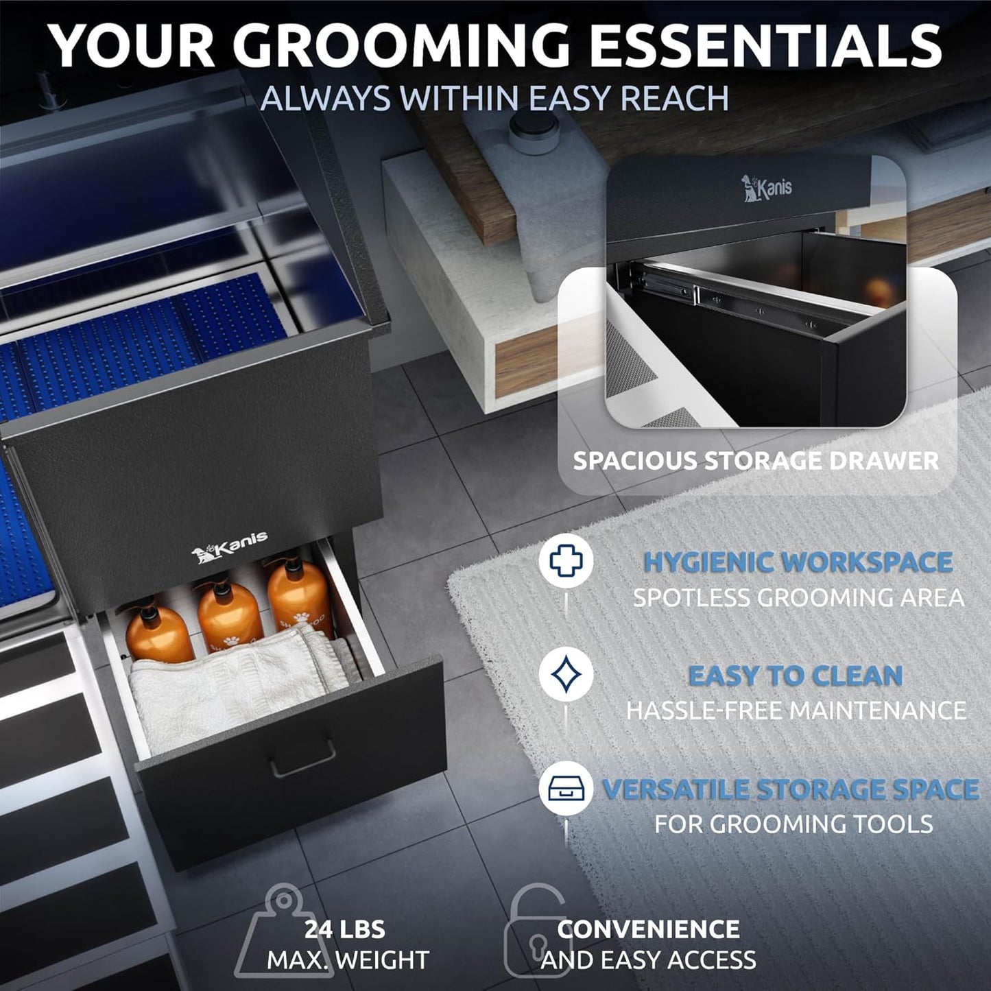 KANIS Black Line Professional Dog Washing Station - 304 Stainless Steel Pet Wash Sink & Grooming Bathtub w/Shower, Floor Grates and Storage for Large, Medium & Small Pets (40", 1 Drawer - Left Ramp)