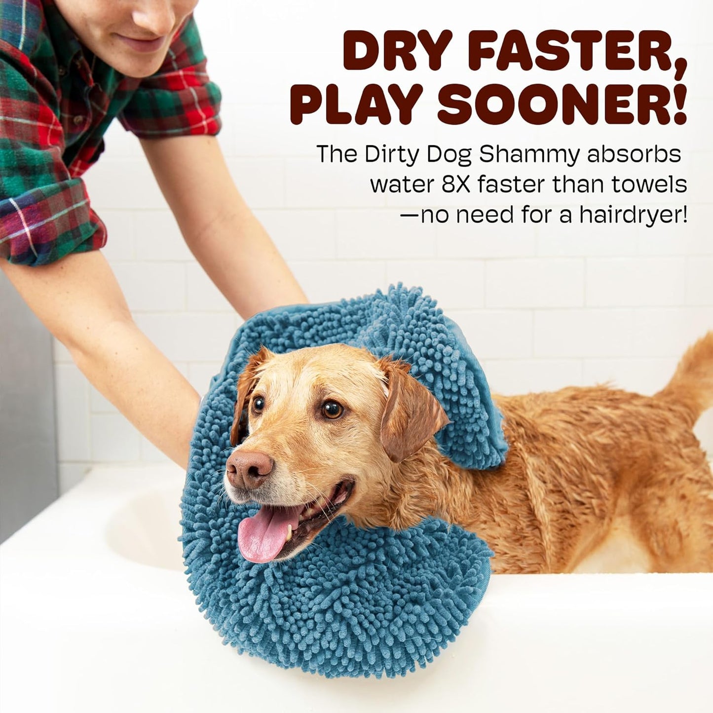 Dog Gone Smart The Dirty Dog Shammy - Fast Drying Plush Shammy Towel with Dual Hand Pockets and Elastic - Super Absorbent Microfiber and Machine Washable - Pacific Blue