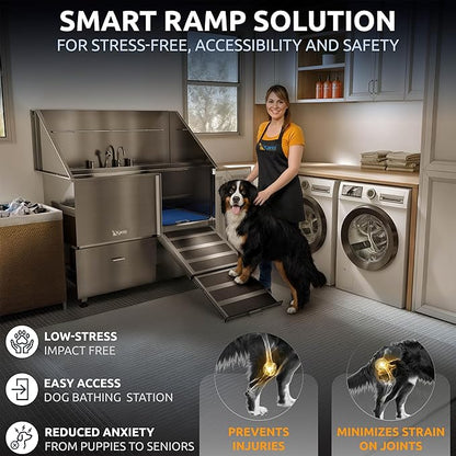 KANIS Professional Dog Washing Station - 304 Stainless Steel Pet Wash Sink & Grooming Bathtub w/Shower, Floor Grates and Storage for Large, Medium & Small Pets (50", 2 Drawers - Right Ramp)