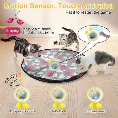 Interactive Cat Toys for Indoor Cats, Automatic Motion Toy in Pouch, Activated Fast Rolling Ball in Play Mat, Hide and Seek Mouse Catching Game with Chirping, LED Light, Auto On/Off (Grey)