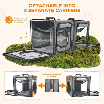 PETUX 2-in-1 Double Cat Carrier for Multiple Cats - Large Cat Travel Carrier with Litter Box, Play Tunnels, and Hammock - Portable Pet Carriers for Long Car Trips ＆ Vet Visit (34"x17"x17", Grey)
