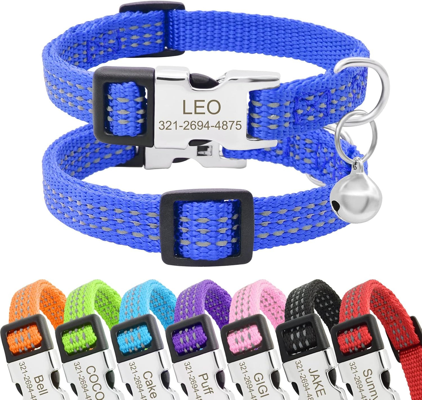 Personalized Reflective Nylon Cat Collar with Name Phone,Custom Engraved Buckle Cat Collar with Bell,Adjustable for Small Dogs Puppy Kitten (Navy Blue,fit 7.5''-12.0'')