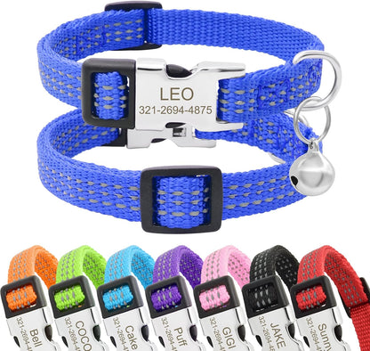 Personalized Reflective Nylon Cat Collar with Name Phone,Custom Engraved Buckle Cat Collar with Bell,Adjustable for Small Dogs Puppy Kitten (Navy Blue,fit 7.5''-12.0'')