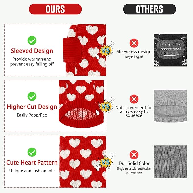 KOOLTAIL Cat Turtleneck Sweater - Soft Knit Cat Christmas Sweater, Heart Love Pattern, Thick Warm Cold Weather Clothes for Small to Large Kittens & Puppies, Red