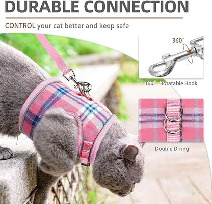 PUPTECK Soft Mesh Cat Vest Harness and Leash Set Puppy Padded Pet Harnesses Escape Proof for Cats Small Dogs Rabbits Bunny, Plaid Pink, M