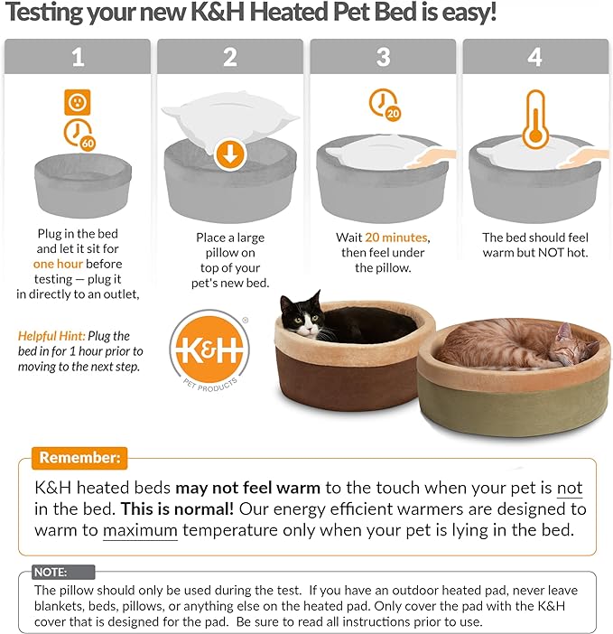 K&H Pet Products Thermo-Kitty Bed Heated Cat Beds for Indoor Cats & Dogs, Calming Warming Pillow Pet Bed, Machine Washable, Removable Heater, Safety Listed - Small 16" Round Mocha/Tan