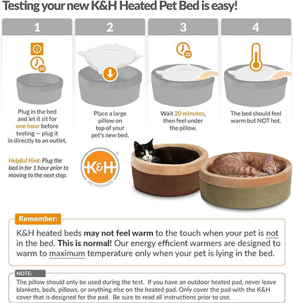 K&H Pet Products Thermo-Kitty Bed Heated Cat Beds for Indoor Cats & Dogs, Calming Warming Pillow Pet Bed, Machine Washable, Removable Heater, Safety Listed - Small 16" Round Mocha/Tan