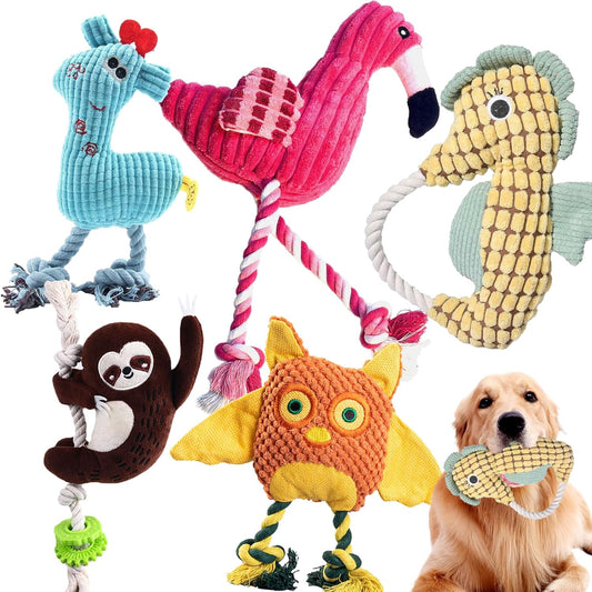 5 Pack Plush Dog Toys with Rope, Squeaky Dog Toys, Tug of War Dog Interactive Toy, Durable Dog Chew Toys for Large Dogs & Puppies