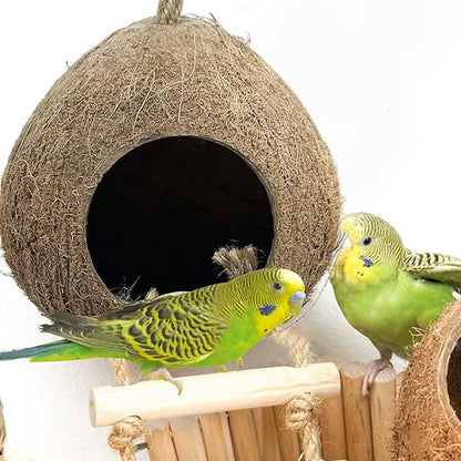 Bird Coconut Hides Nest with Ladder Parrot Cage Hanging Natural Coco Shell Hut Hide Toy with Wooden Bridge Hollow Hideaway Toys for Parakeet Lovebird Finch Canary 2PCS
