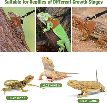 Bearded Dragon Harness Leash Set 3 Size Adjustable Lizards Training Walking Leather Vest Escape-Proof Traction Rope for Outdoor Small Reptiles Animal Squirrels (Brown)