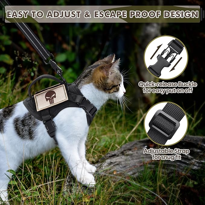 Tactical Cat Harness and Leash, Escape Proof Large Cat Walking Vest,Adjustable Soft Mesh Pet Vest Harness with Control Handle, Molle Patches Black