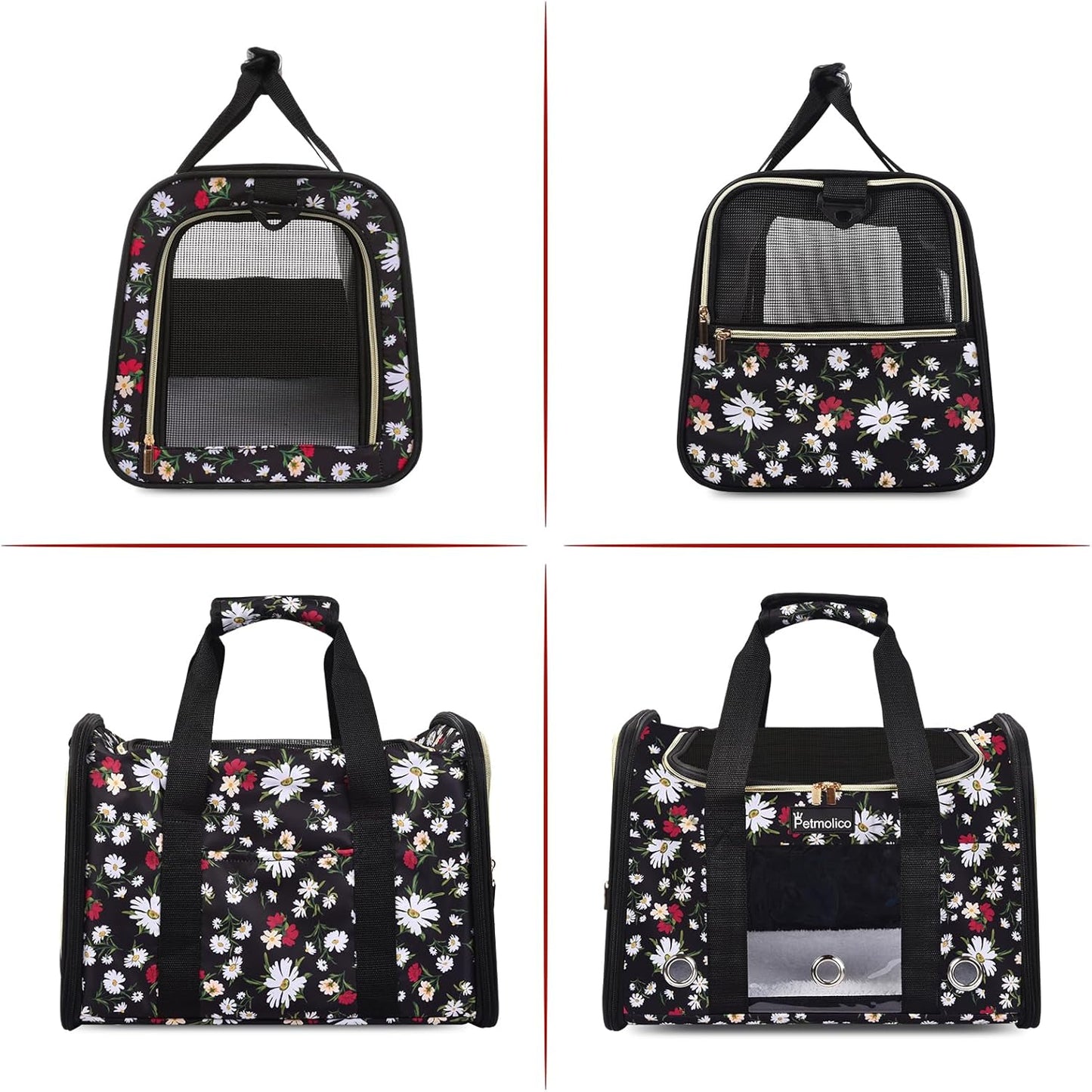 Petmolico Cat Carrier Dog Carrier, Airline Approved Soft Pet Travel Carrier with 3 Open Doors Mesh Windows for Cats Puppy 16 lbs, White Daisy