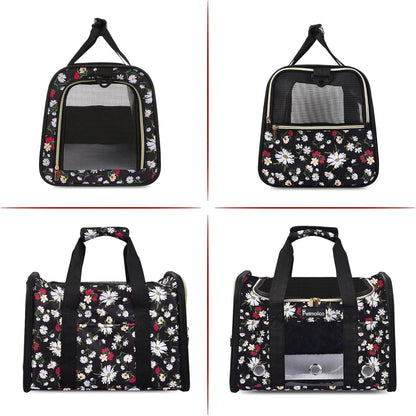 Petmolico Cat Carrier Dog Carrier, Airline Approved Soft Pet Travel Carrier with 3 Open Doors Mesh Windows for Cats Puppy 16 lbs, White Daisy