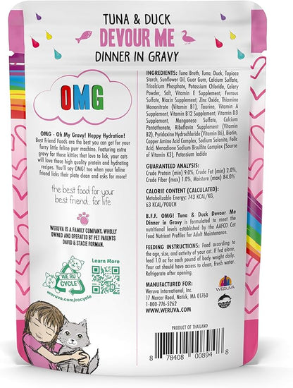 Weruva B.F.F. OMG - Best Feline Friend Oh My Gravy!, Tuna & Duck Devour Me with Tuna & Duck in Gravy Cat Food, 3oz Pouch (Pack of 12)