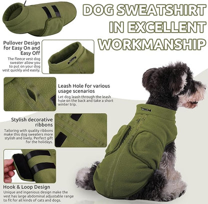 Queenmore XXS Dog Sweaters, Soft Fleece Vest Pullover Dog Jacket with Leash Hole, Warm Winter Dogs Clothes Cold Weather Doggy Dachshund Sweater for Small Dogs Cats Boy or Girl (Army Green, XXS)