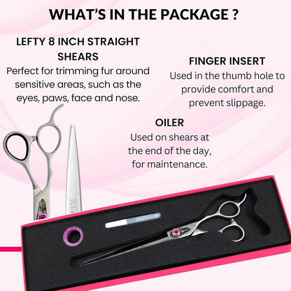 Kenchii Love Left Handed Dog Grooming Scissors, 8 Inch Straight Shears, Dog Scissors for Grooming, Professional Pet Grooming Scissors, Ergonomic & Comfortable