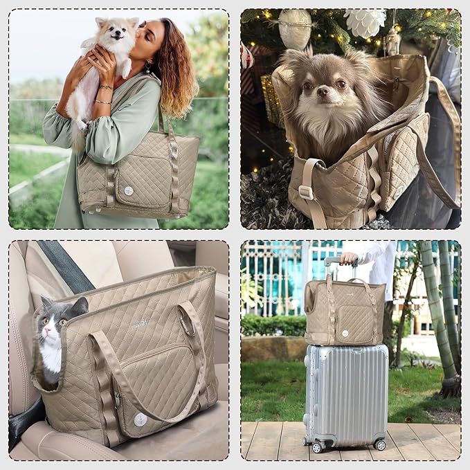 Pecute Dog Purse Carrier, Dog Carrier with Pockets for Small Dogs, Fits Dogs 5.5 lbs to 11 lbs, Cat and Puppies Tote Bag, Outing, Travel, Vet, Khaki