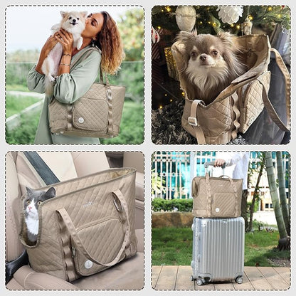 Pecute Dog Purse Carrier, Dog Carrier with Pockets for Small Dogs, Fits Dogs 5.5 lbs to 11 lbs, Cat and Puppies Tote Bag, Outing, Travel, Vet, Khaki