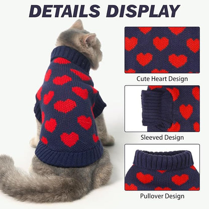 KOOLTAIL Cat Sweater Turtleneck- Soft Knit Cat Sweaters for Cats Only, Cat Christmas Sweater Red Heart Love Pattern Thick Warm Cold Weather Clothes for Small Medium Large Size Kitten Puppy Navy M