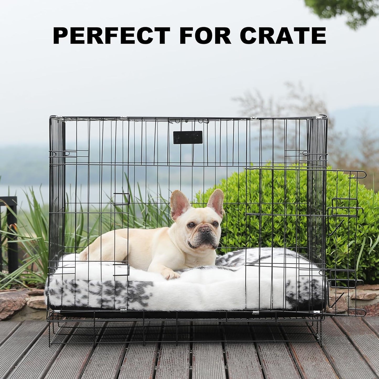 Bedfolks Plush Waterproof Dog Crate Bed - Removable Washable Cover, Faux Fur, 29"x21", Black-White Cowhide