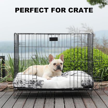 Bedfolks Waterproof Crate Bed, Plush With Removable Washable Cover, Faux Fur Pad for Large Dogs, Fluffy Kennel 35"x23", Black-White Cowhide