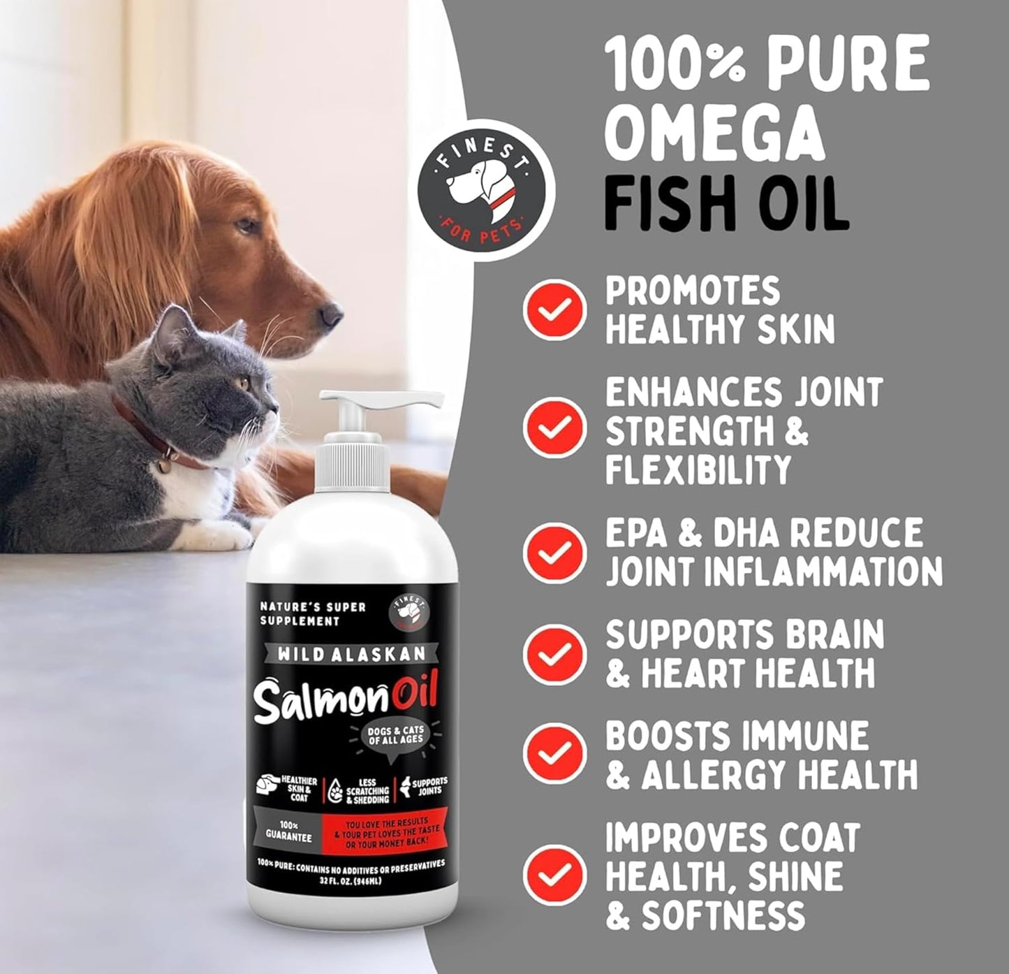 Finest For Pets Wild Alaskan Salmon Oil for Dogs & Cats - Omega 3 Fish Oil with Pollock & Salmon for Sensitive Skin & Coat Health. EPA & DHA Ease Itching, Supports Joint, Immune & Heart Health (32oz)