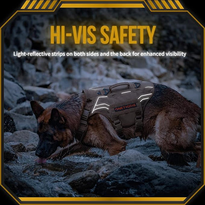 OneTigris Tactical Dog Harness for Large Dogs, Adjustable Tactical Dog Harness with Handles, Reflective Vest Heavy Duty & Breathable Military Assistance Vest with No Pull Buckle, Brown