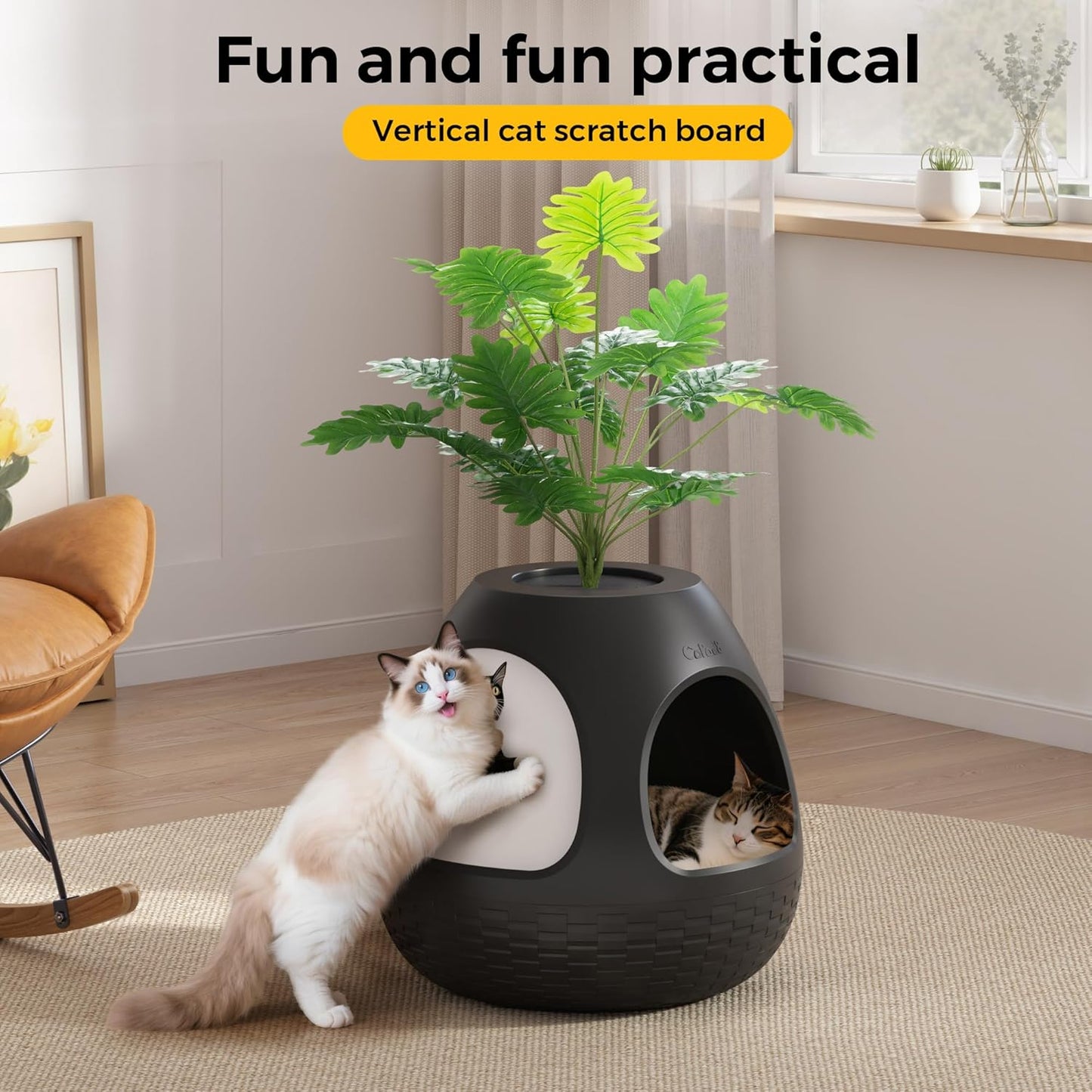 Copod8 Cat Cave, 3-in-1 Kitty House Condo with Plant, Cat Cushioned Bed, Cat Scratchers, Modern Cat Pet Furniture for Indoor, Kitty Hiding Spot (Black, M)