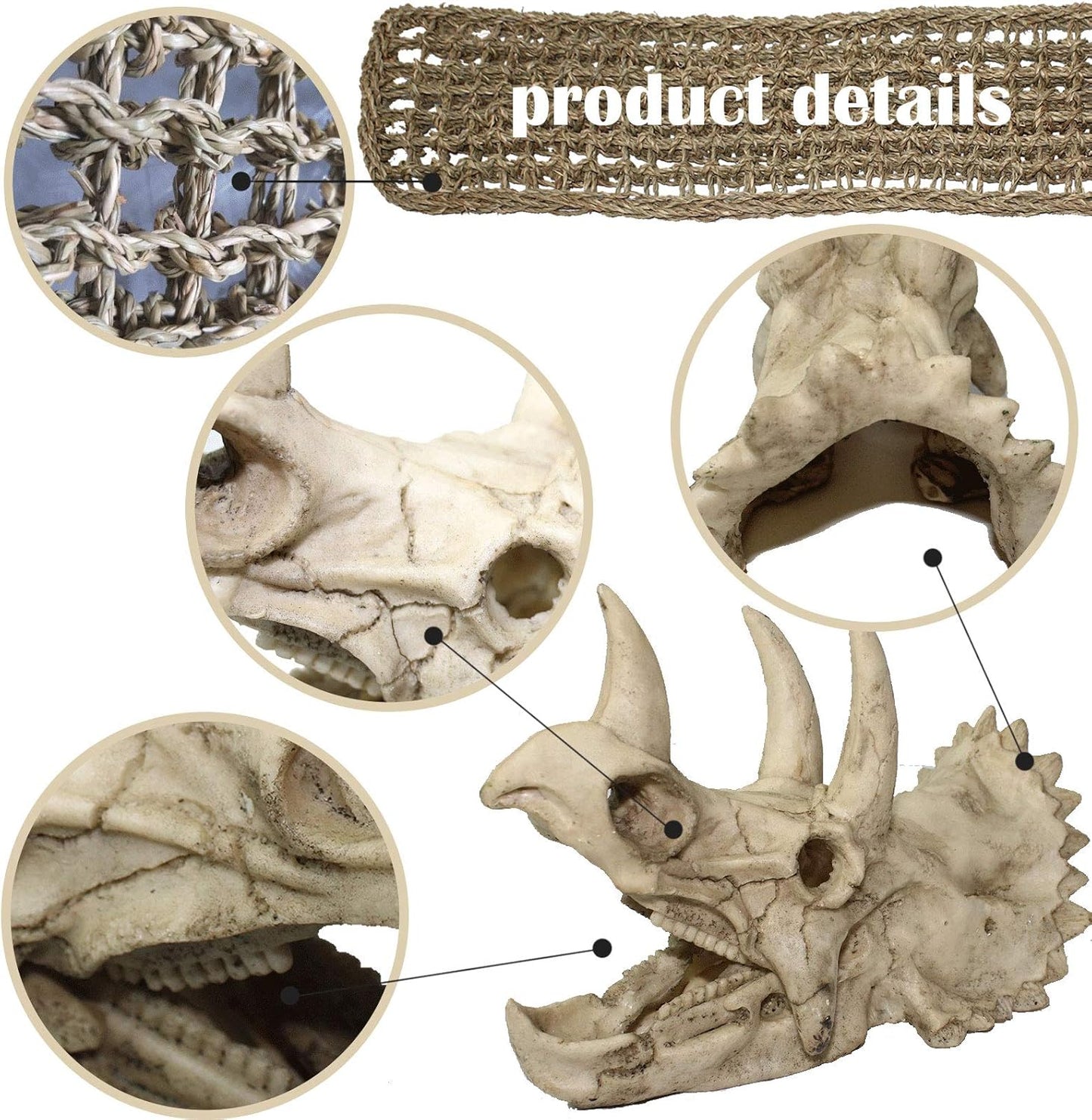 PINVNBY Reptile Dinosaur Skull Decor,Bearded Dragon Tank Accessories,Reptiles Resin Triceratops Skull Cave Lizard Hammock Amphibians Habitat Hideouts Decorations for Lizards Spider Gecko Chameleon