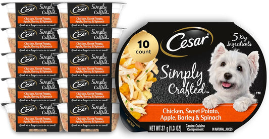 Cesar Simply Crafted Adult Wet Dog Food Meal Topper, Chicken, Sweet Potato, Apple, Barley & Spinach, 1.3oz. (10 Count, Pack of 1)