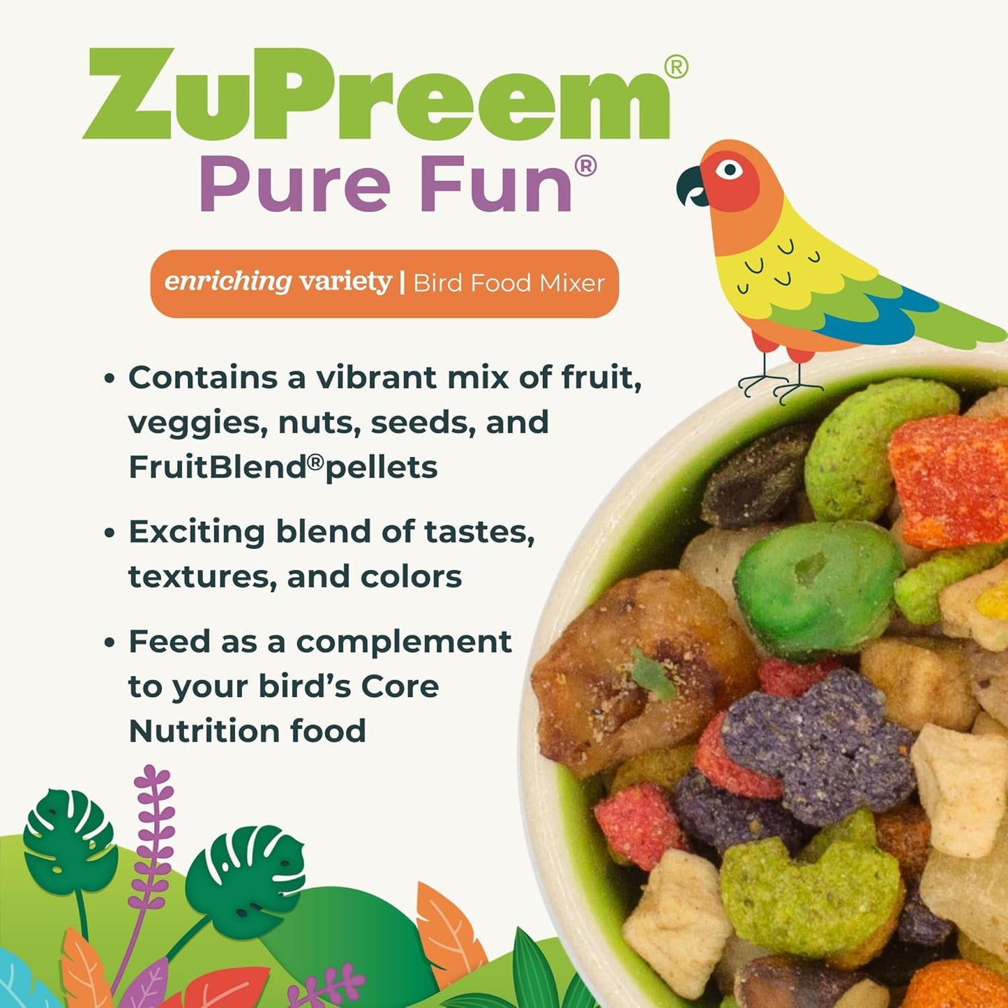 ZuPreem Pure Fun Bird Food for Large Birds, 2 lb (Pack of 2) - Variety Blend of Fruit, FruitBlend Pellets, Vegetables, Nuts for Amazons, Macaws, Cockatoos
