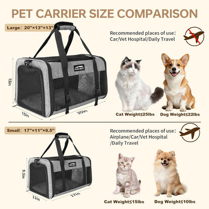 Soft Sided Two Cats Dog Carrier up to 25 lbs, Portable Mesh Pet Travel Bag for Medium Puppy Big Cats, Collapsible Puppy Crate Home Outdoor 20x13x13in, Grey