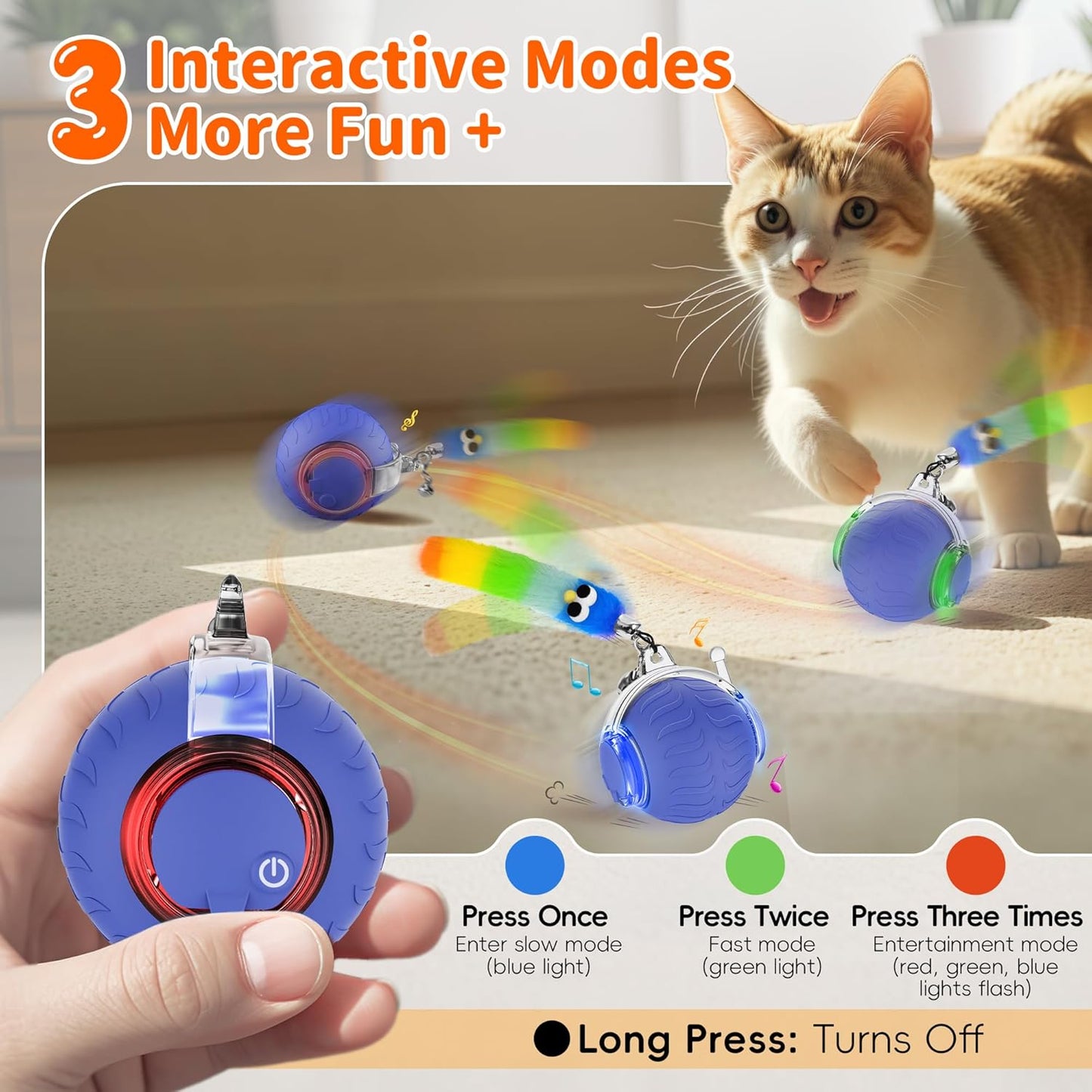 UPSKY Interactive Cat Toy Ball for Indoor Cats, Automatic Moving Electric Rolling Cat Ball Toy, 3-Speed Modes Smart Kitten Toys with Sounds, USB Rechargeable & Sturdy for Bored Kittens/Adult Cats