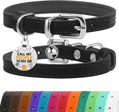 BRONZEDOG Leather Cat Collar with Removable Bells Non Breakaway Kitten QR Tag for Girl Boy (9" - 12" Cats/Mini Dogs, Black & Silver)