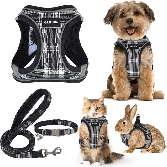 GAMUDA Small Dog Harness Collar and Leash Set, Step in No Chock No Pull Soft Mesh Adjustable Dog Vest Harnesses Plaid Reflective for Dogs Puppy Cats Kitten Rabbit (Black, XXS)