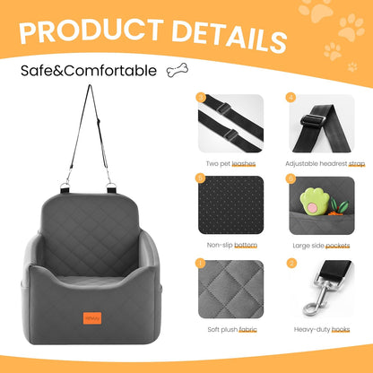 Dog Car Seat for Small Dog with Washable Mat, Memory Foam Booster Seat for Dogs Under 30lb, Elevated Pet Seat with Pockets, Anti-Slip Bed for Car, Perfect for Front & Back Seats with Safety Leash