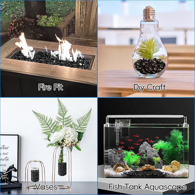 Meschett Colorful Glass Stones, 1 LB Fish Tank Gravel, Small Irregular Rainbow Aquarium Gravel for Aquarium Decorations and Turtle Tank, Sea Glass Beads Crystals for Fish Bowl, Vase Filler,Black