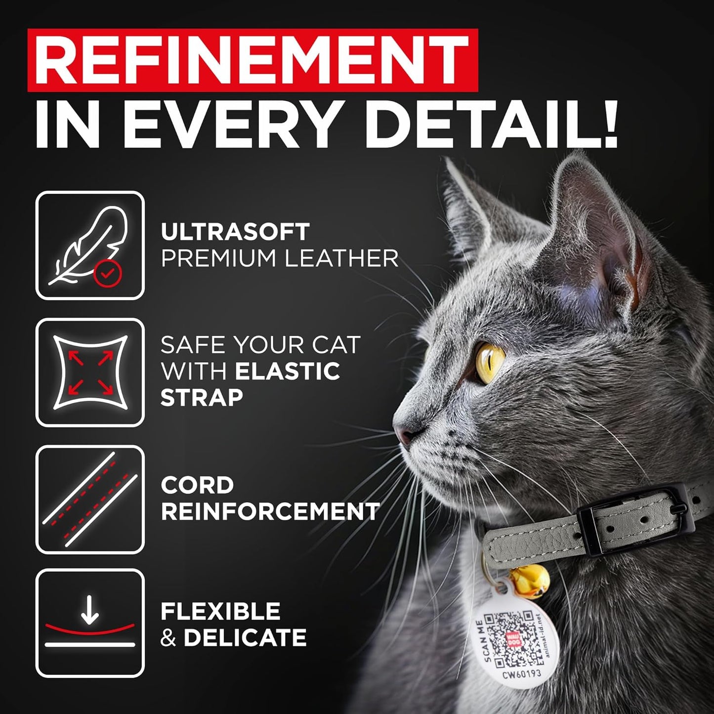 Leather Cat Collar with Bell and Safety Elastic Strap Breakaway Alternative for Small & Large Kittens, Stylish Pet Leather Collar for Boy, Girl Cats with Metal Buckle & QR ID Tag (Gray)